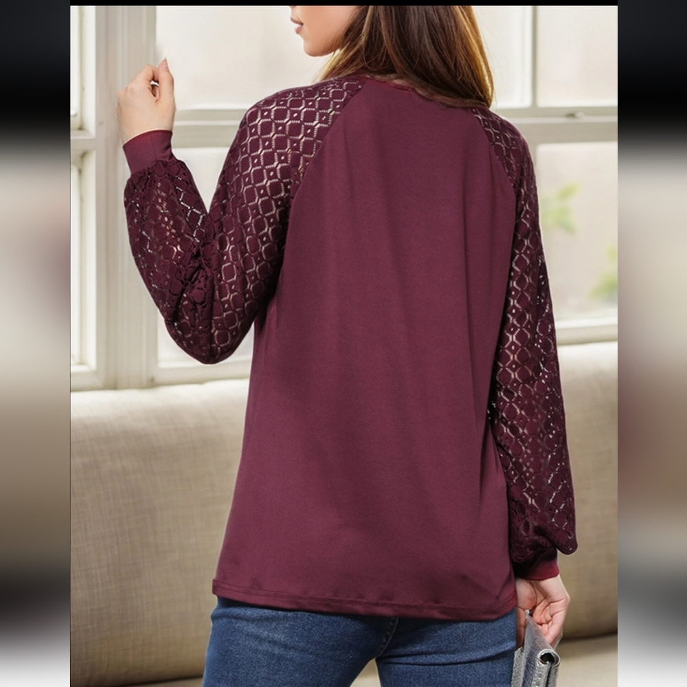 ❤️Chic Burgundy Lace Sleeve Blouse - Picture 4 of 10